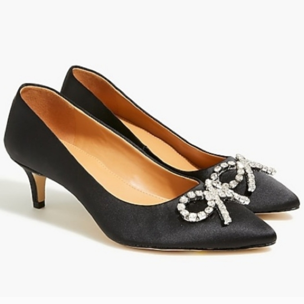 J Crew Factory NWT Crystal Bow Kitten Heels Black Size 7.5